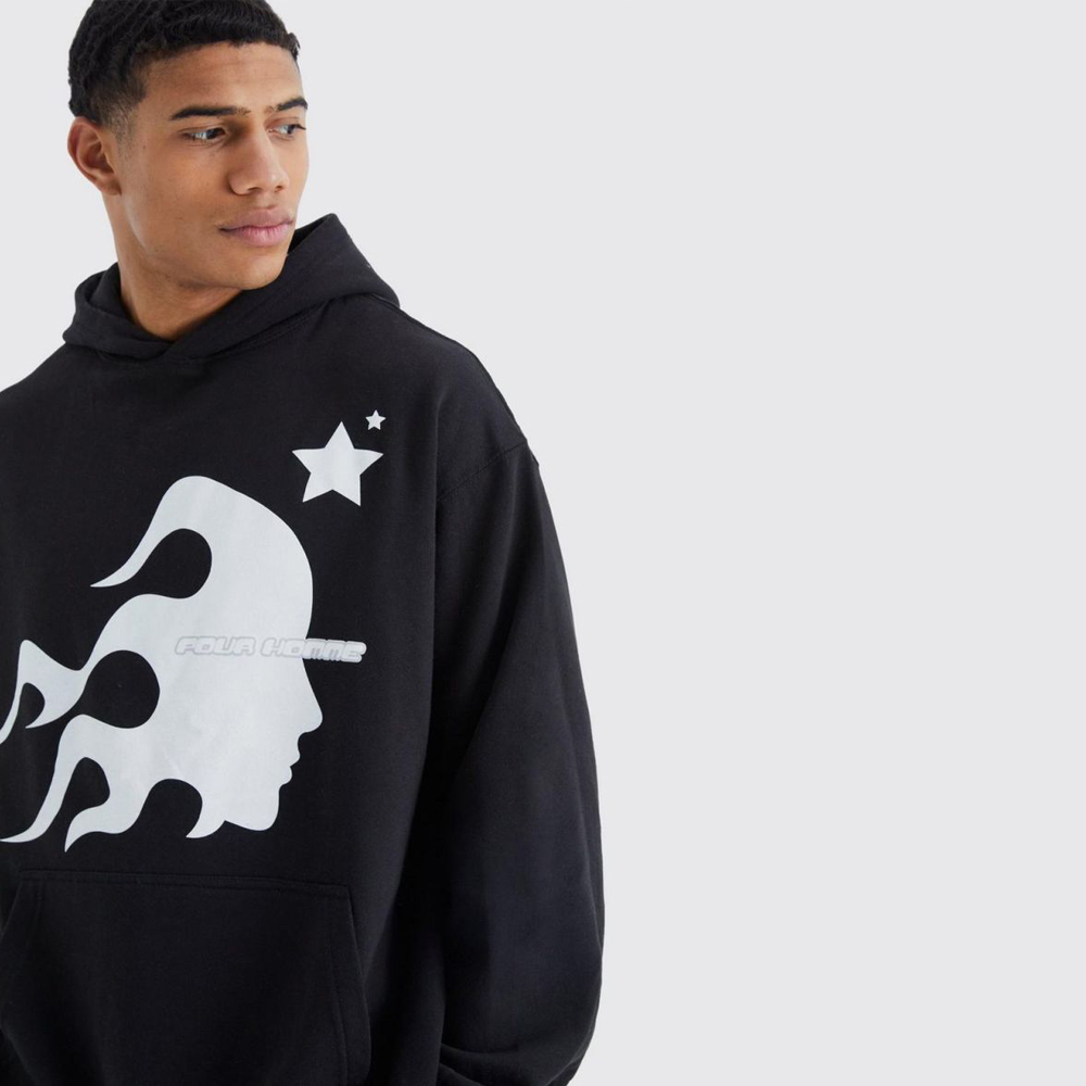 Oversized Homme Graphic Puff Print Hoodie – Black