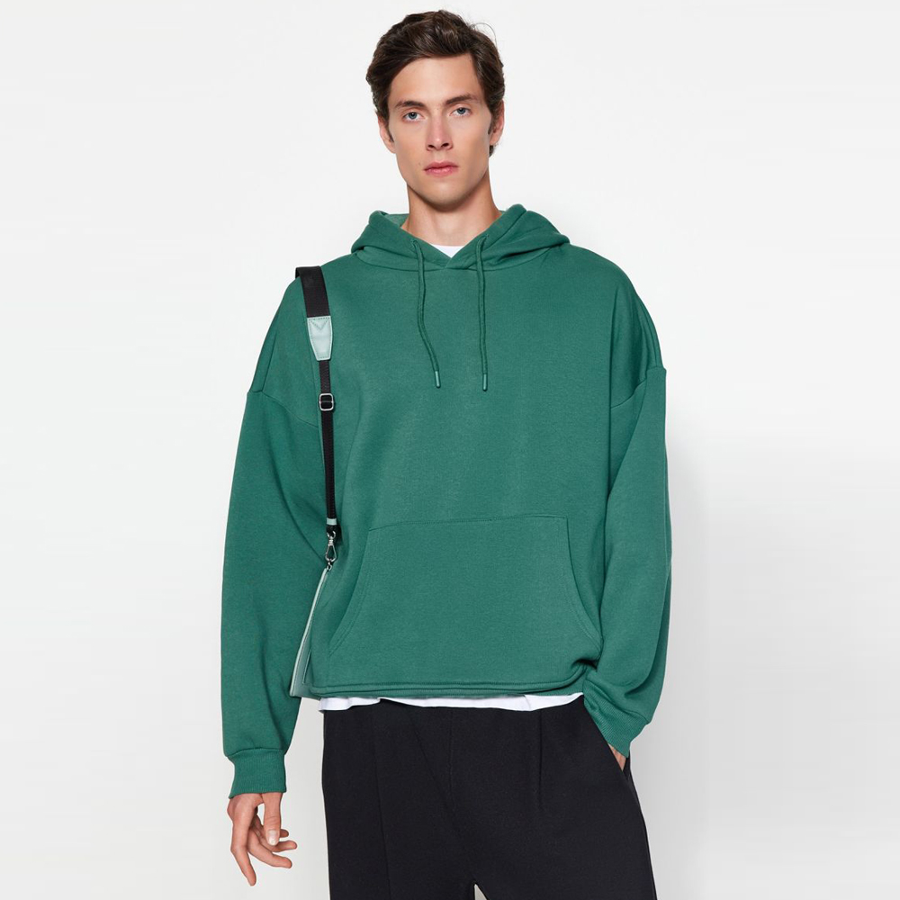 Green Men’s Oversize/Wide-Cut Hoodie, Puffy Back Printed Fleece Interior Cotton