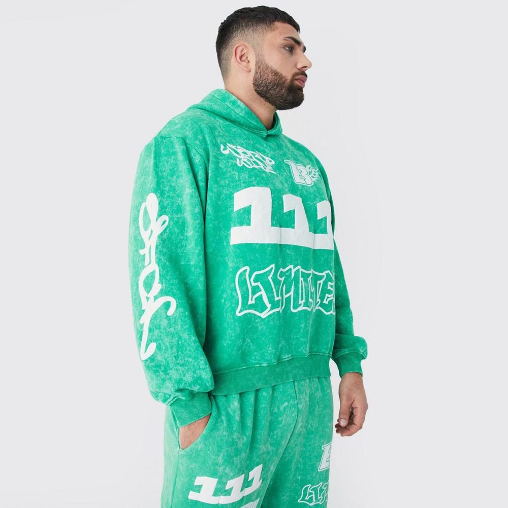 Plus Oversized Boxy Ribbed Puff Print Hooded Tracksuit – Green