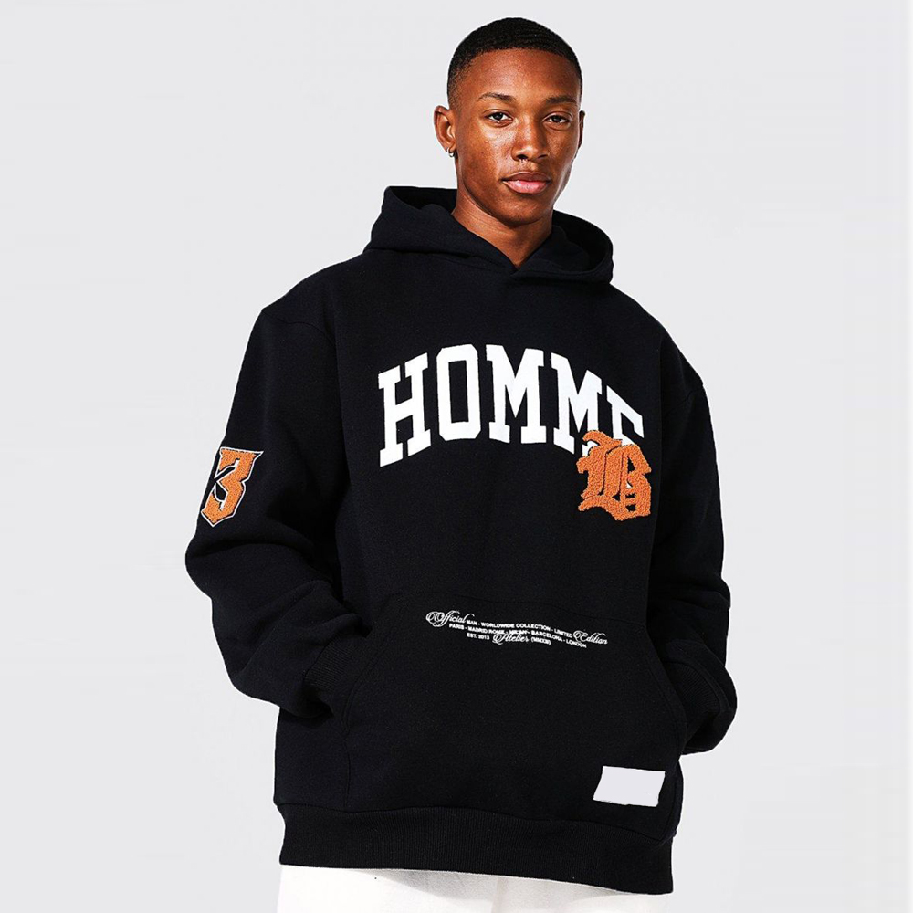 Oversized Homme Applique Varsity Hoodie – Black