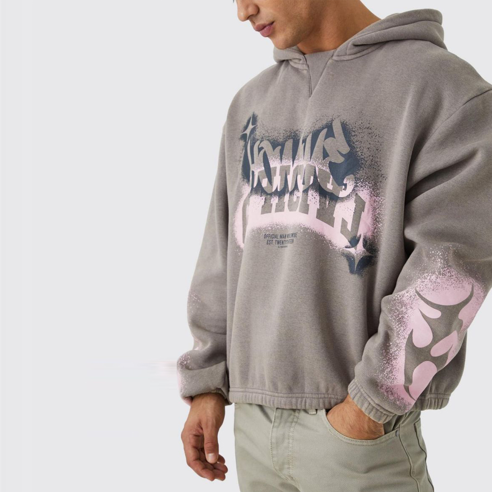 Boxy Fit Homme Graffiti Print Hoodie – Light Grey