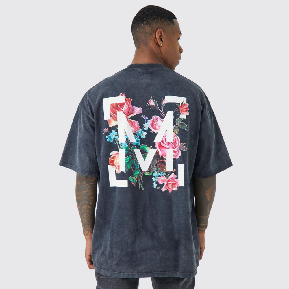 Oversized Floral Graphic Acid Wash T-Shirt – Charcoal